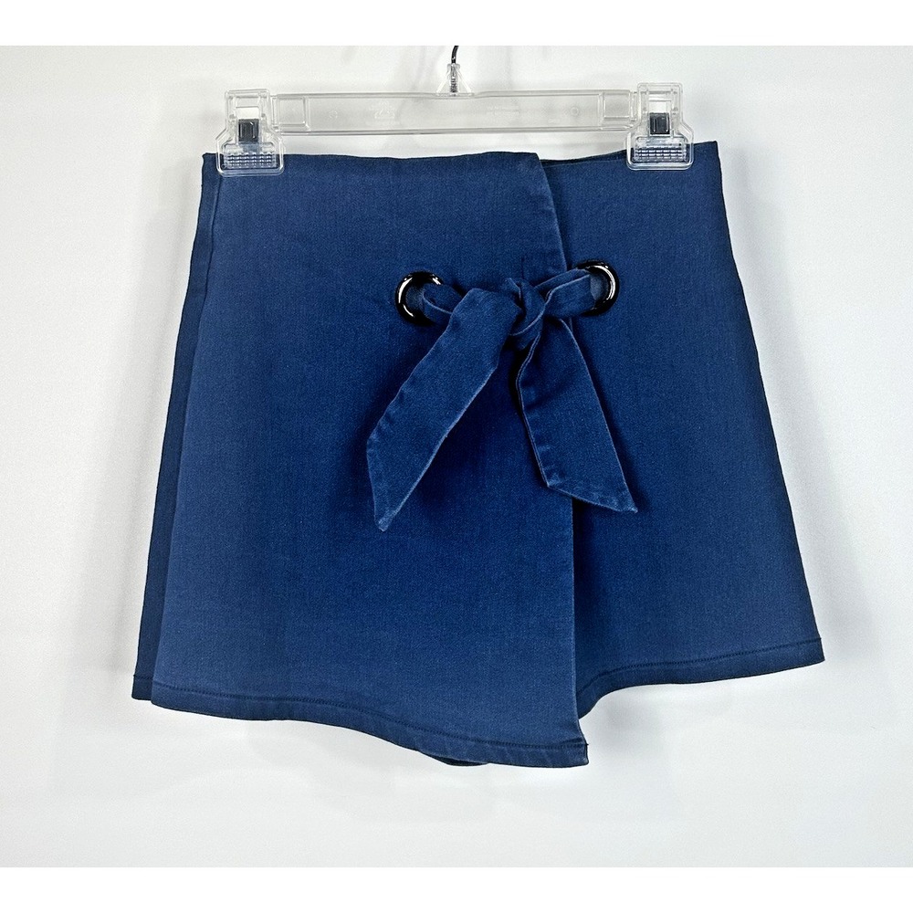 Altar'd State Dark Wash Denim Wrap Tie Front Skort Blue Stretch Womens M
